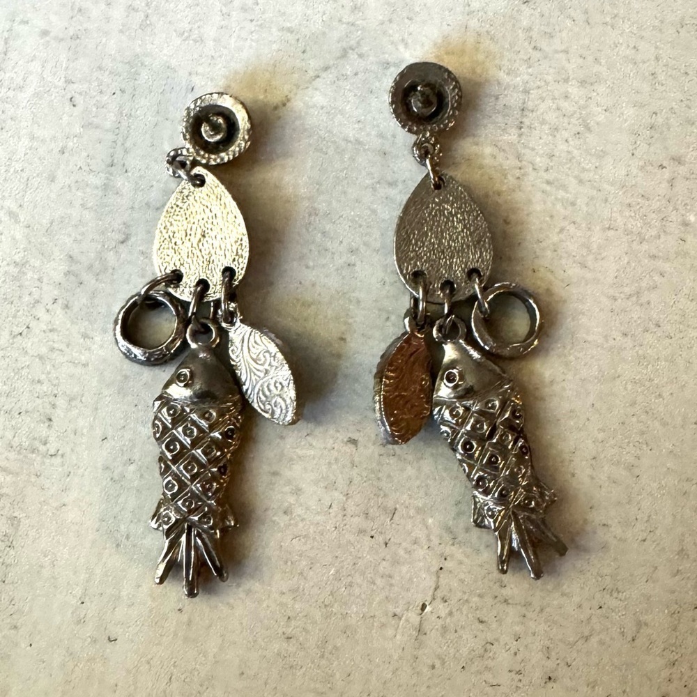 Silver Fish Earrings with Turquoise Color Stones - Picture 4 of 5